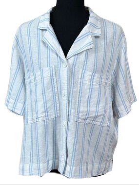Buffalo David Bitton Boxy Blue White Stripe Linen Blend Camp Shirt Size L